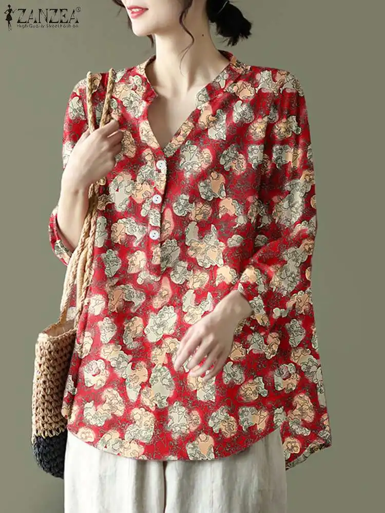 

ZANZEA Casual Loose Women Blouse Fashion Long Sleeve Cotton Linen Shirt Floral Print Buttons Retro Tops Oversized Holiday Tunic