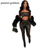 2022 sexy streetwear two piece sets women outfits sleeveless strapless crop top and perspective mesh skinny pants mathching set