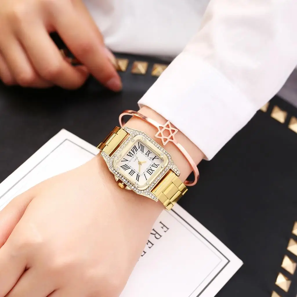 Новый стиль женские квадратные стальные ремешки кварцевые часы с римским