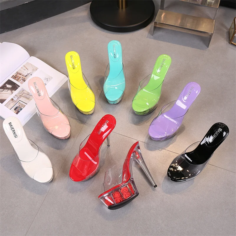 

Мюли женские на высоком каблуке 15 см, Сланцы на платформе 5 см, цветочные шлепанцы, прозрачные тапочки на шпильке, красные, для подиума, стрип...
