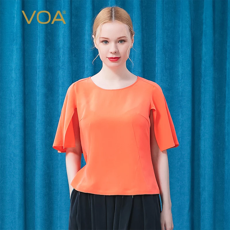 

(Clearance Sale) VOA Heavyweight Silk O-neck Short Sleeve Yellow Heart Orange Fold Back Shawl Loose Casual T-shirt Women BE568