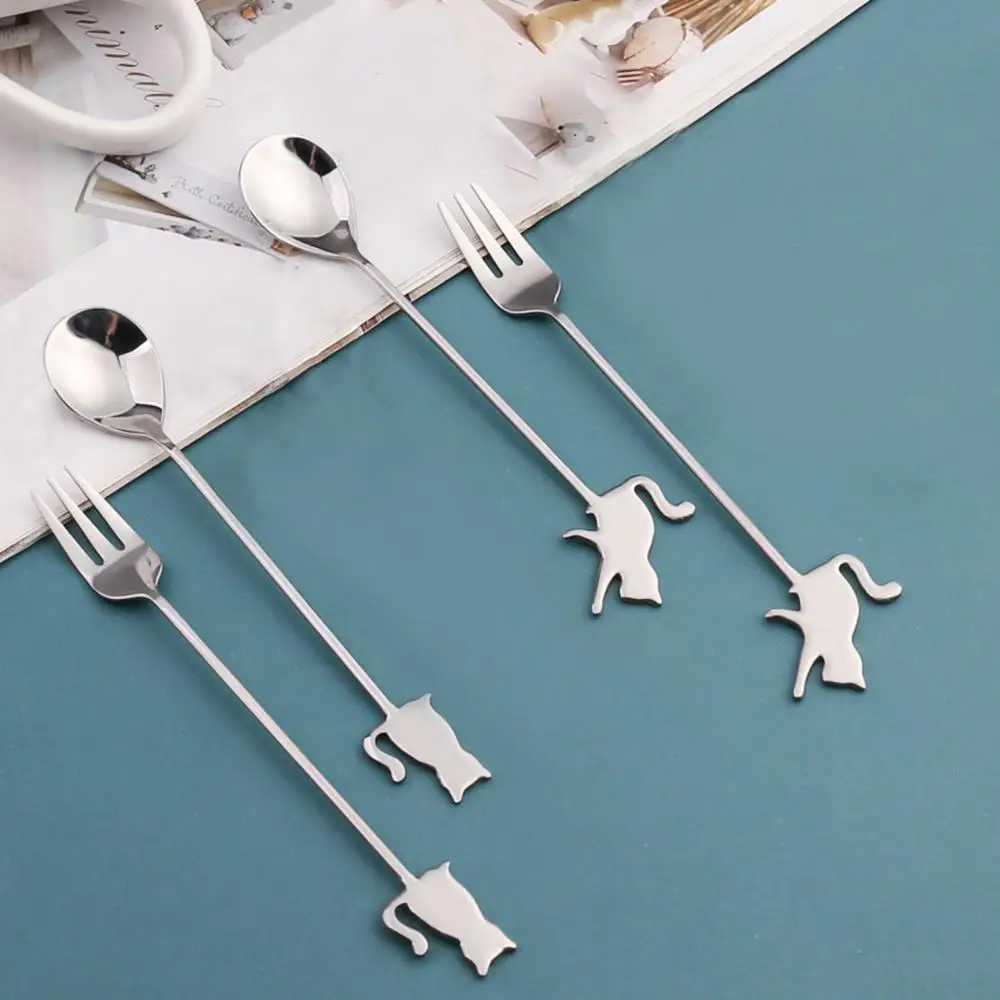 

Spoon Stirring Spoon Small Long Handle Tableware Stainless Steel Cat fish Fork Japanese Dessert Coffee Cake Fork Supplies