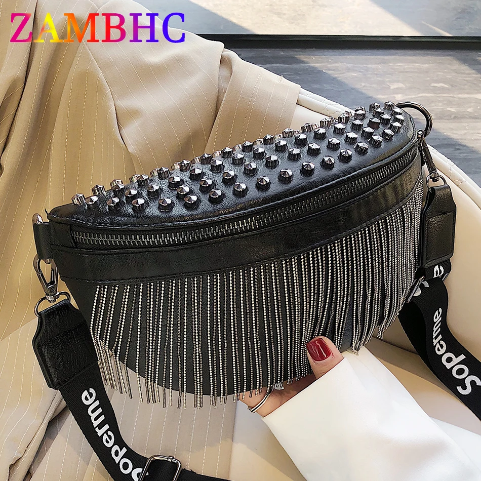 

Luxury Designer Tassel Chest Bag Fashion Rivet Lady Small Fanny Pack High Quality PU Leather Shoulder Bags Vintage Waisit Packs