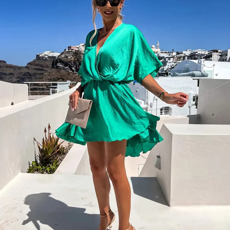 

Satin Sexy Mini Dress Women Elegant Loose Half Sleeves V-neck Wrap Chest Robe Y2k Summer Casual Holiday Chic Party Beach Dresses