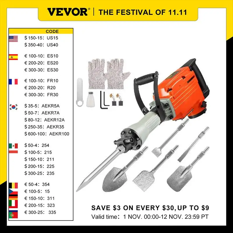 

VEVOR Demolition Jack Multifunctional Rotary Hammer 2200W with 4 Chisel Bit Ground Breaking Concrete Electric Impact Drill Tool