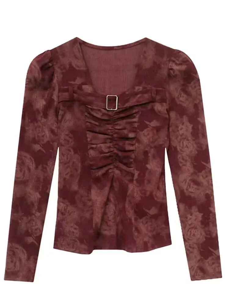 2025 милый гофрированный S-4XL женский весенне-летний пуловер футболка с квадратным