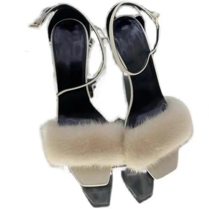 

2022 New Summer One Word Buckle With Square Head Retro Net Red Sexy Mink Fur Plush Hollow High-heeled Sandals High Heels Sandals