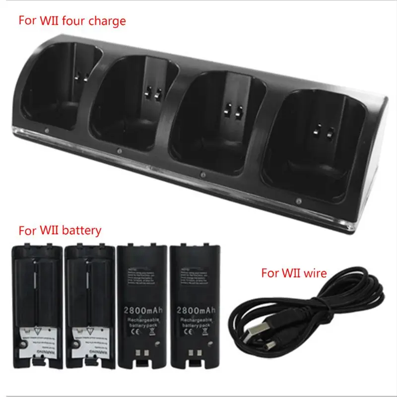 

W3JB 4Port Smart Charger Charging Dock Station with Rechargeable Batteries USB Data Cable for WII Game Console Accessories