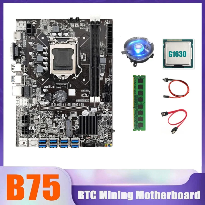 

Материнская плата B75 BTC Miner 8xusb + G1630 CPU + DDR3 4G 1600 МГц ОЗУ + вентилятор охлаждения процессора + кабель SATA + кабель переключения
