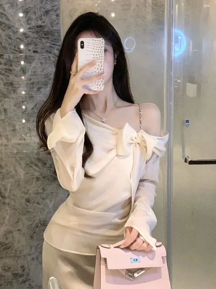 French sle Pure Desire Advanced Temperature-Sensitive Soft Wind Long sleeve Shirts Women Unique Chic Slim fit Slimming Bow ...