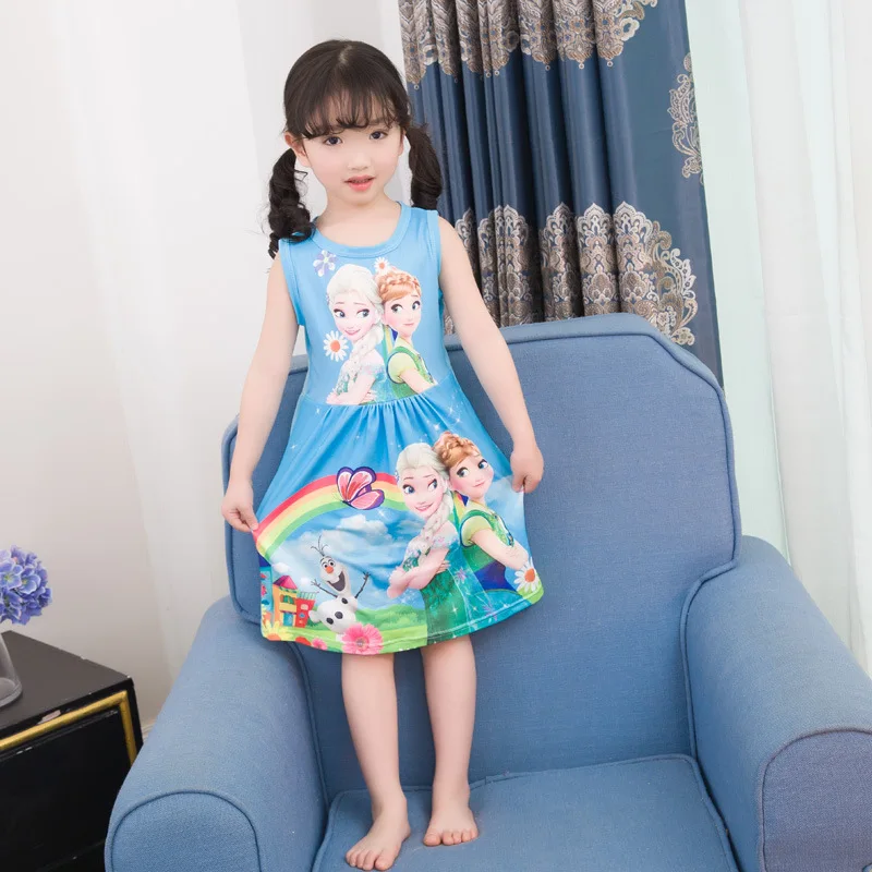 

Disney Summer sleepwear children's short-sleeved nightdress girls cotton pajamas frozen dress baby robes children's clothing