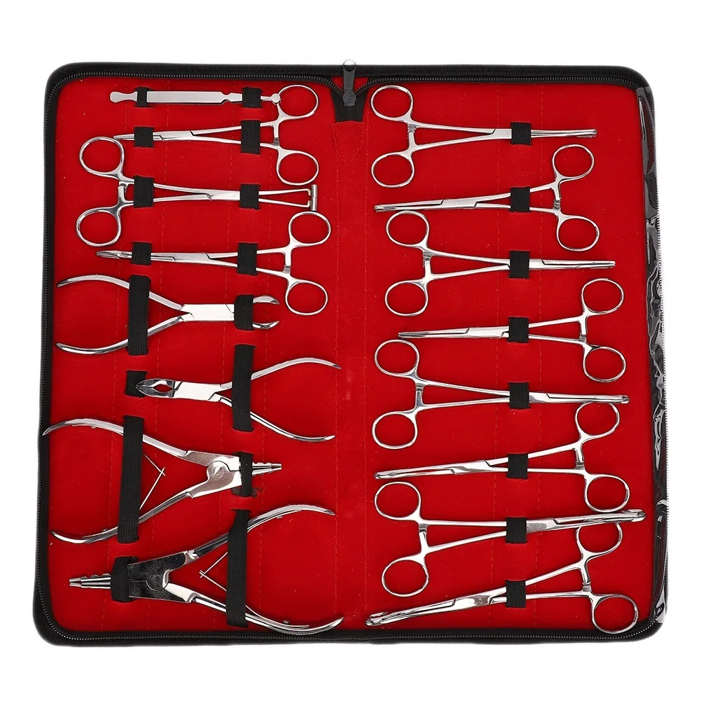 16pcs/set Professional Body Piercing Tools Forceps Clamps Pliers Tongue Belly Septum Nose Lip Ear Tattoo Equipment Piercing Set