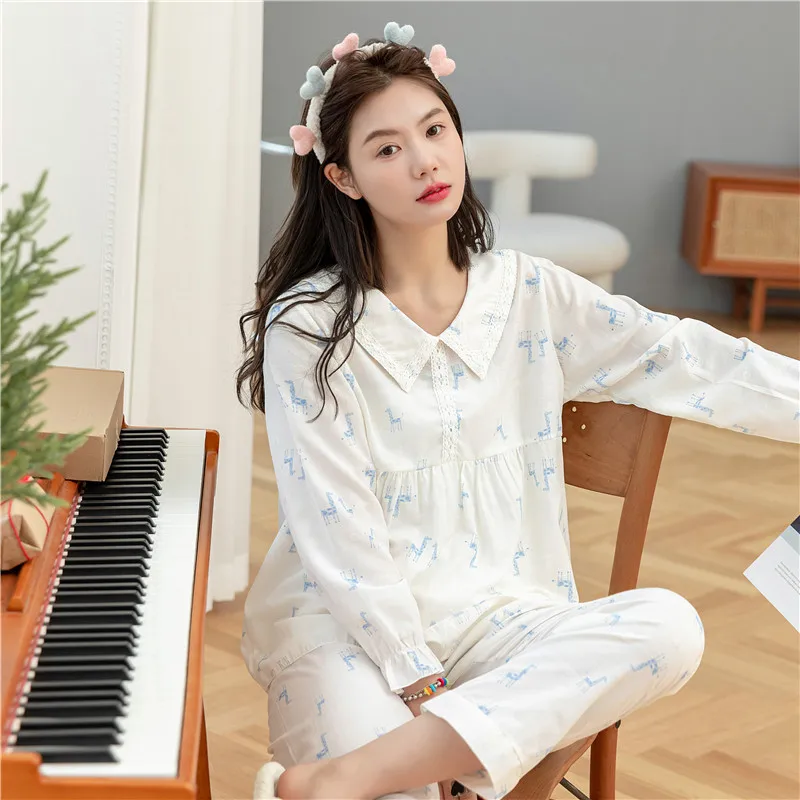 

Женский пижамный комплект на весну и лето, новинка, женские костюмы с длинными рукавами и брюками, милый кружевной пуловер, домашняя одежда, ...