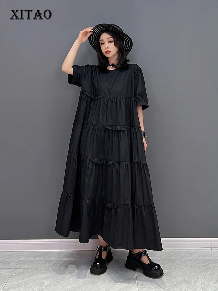 

XITAO Casual Folds Patchwork Dress Loose Fashion Simplicity Solid Color Women Summer New Irregular Patchwork Decorate WMD6942