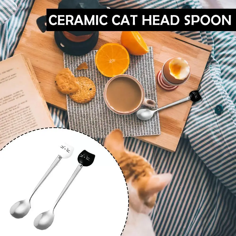 

1PC Stainless Steel Cat Head Ceramic Scoop Mixing Teaspoon European Accessories Coffee Spoons Elegant Style Coffee M0T8