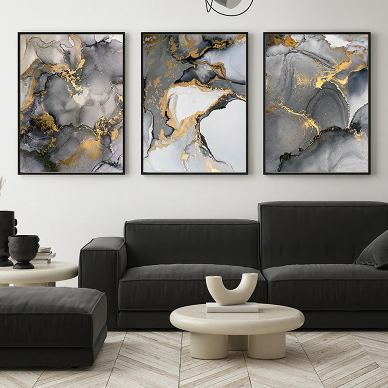 

Grey Gold Black Abstract Wall Art Canvas Poster Print Luxury Painting Alcohol Ink Texture Artwork Living Room Decoration