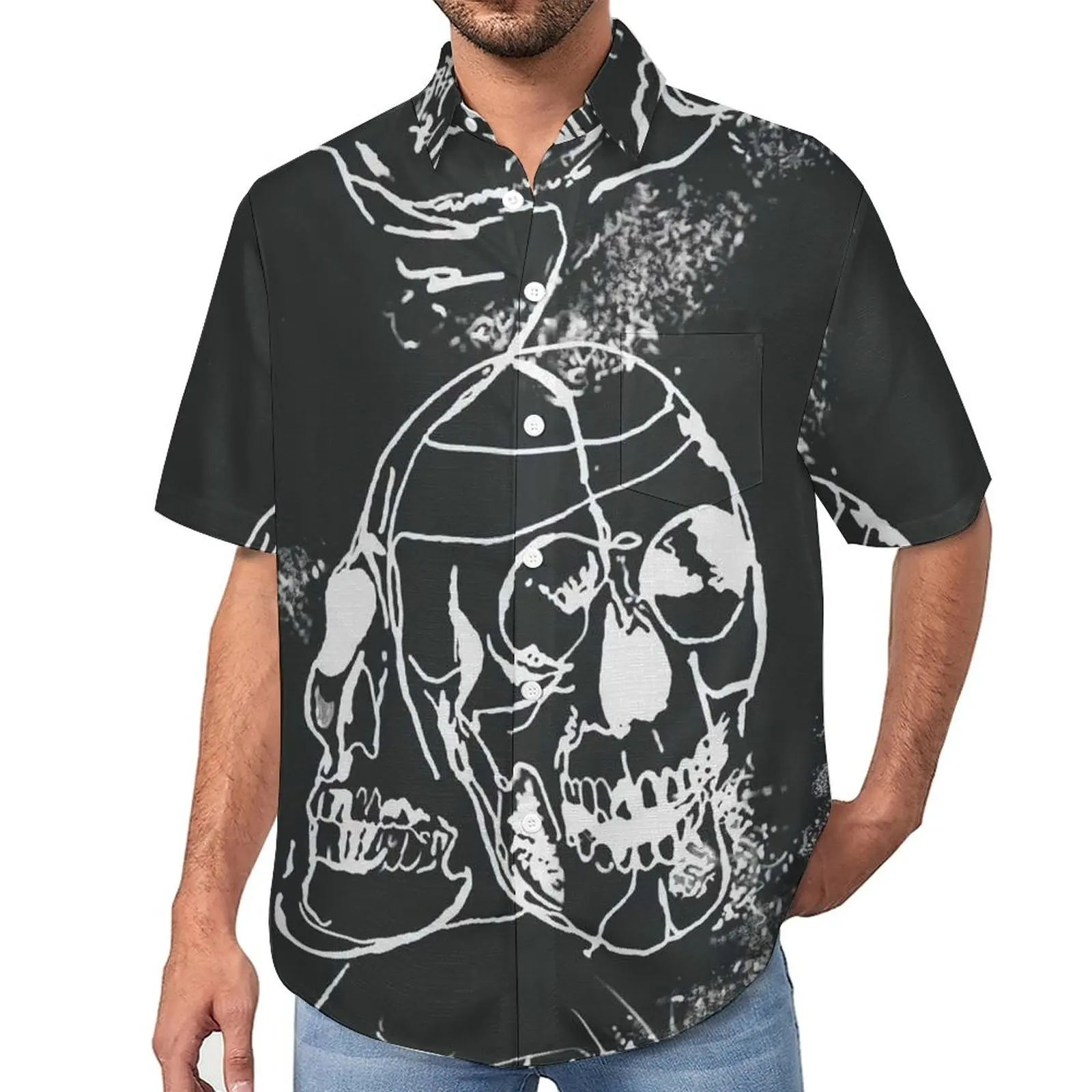 

Гавайская Свободная рубашка с коротким рукавом, Повседневная Блузка с принтом черепа, в стиле поп-арт, для отпуска, Топ оверсайз с графическим принтом