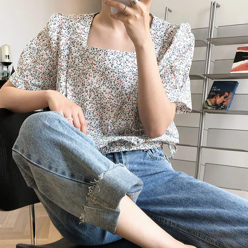 

Summer Crushed Flower Short-sleeved T-shirt New Korean Fashion Casual Square Collar Puff Sleeve High Waist Women's Short Tops