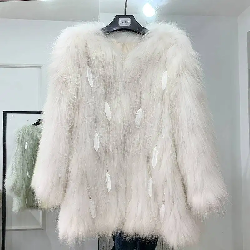 Winter new fashion women's imitation raccoon coat women's solid color fluffy thick warm people long thin pearl pendant coat