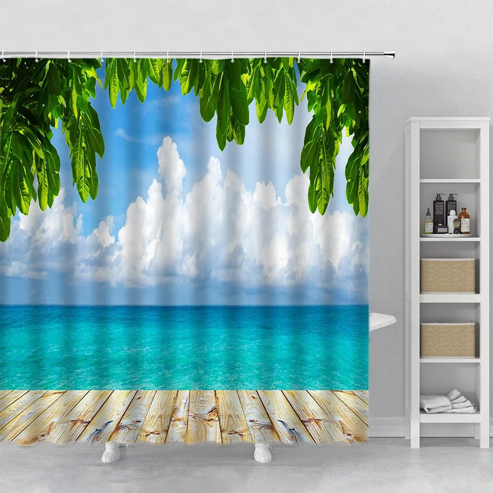 

Nature Ocean Landscape Shower Curtain Hook Palm Leaf Green Leaves Scenery Home Decor Bath Curtain Polyester Fabric Bath Screen
