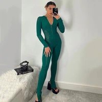 sylph green knitted long sleeve zipper jumpsuit cut out bodycon rompers sexy streetwear club outfits y2k clothing