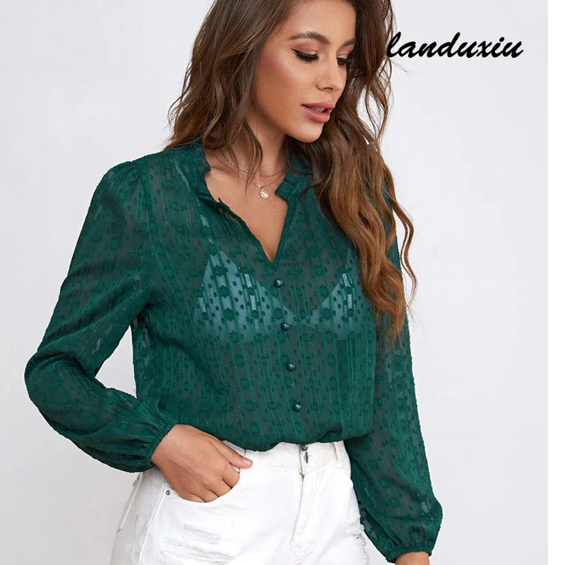 

V-neck Pullover Long Sleeve Chiffon Striped Lace Shirt Temperament Commute Women's Shirt