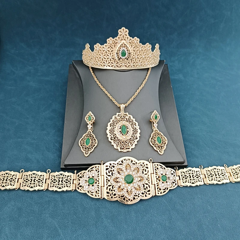 

Algerian Wedding Jewelry Set Robe Dress Wedding Metal Belt Bridal Crown Tiara Ladies Earrings Red Green Faux Stone Necklace