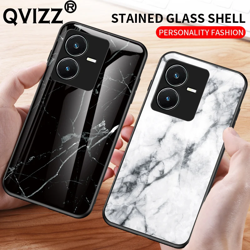 

Tempered Glass Phone Case for Vivo Y22 Y22S Luxury Marble Soft Silicone Edges Hard Back Cover Shockproof Protective Cute Cover