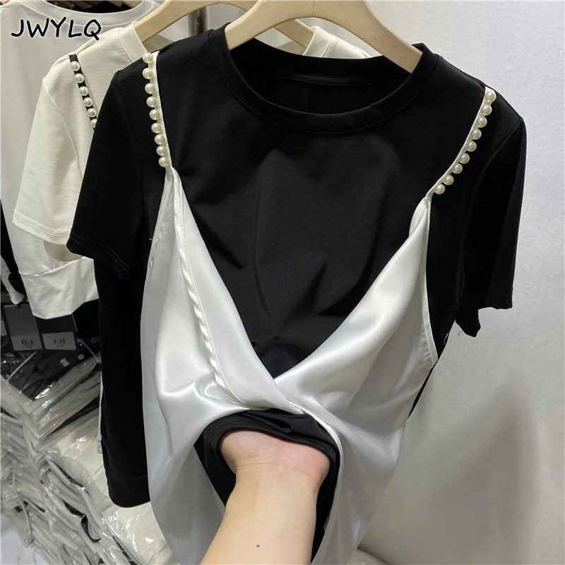 

Футболка женская из двух предметов с круглым вырезом и бисером, лето 2022, новый дизайн, элегантные женские топы с коротким рукавом, футболки, винтажный свитер