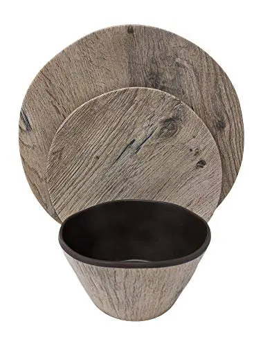 

12 Pieces Rustic Farmhouse Melamine Heavy Weight Plastic Dinnerware Set Wood Grain