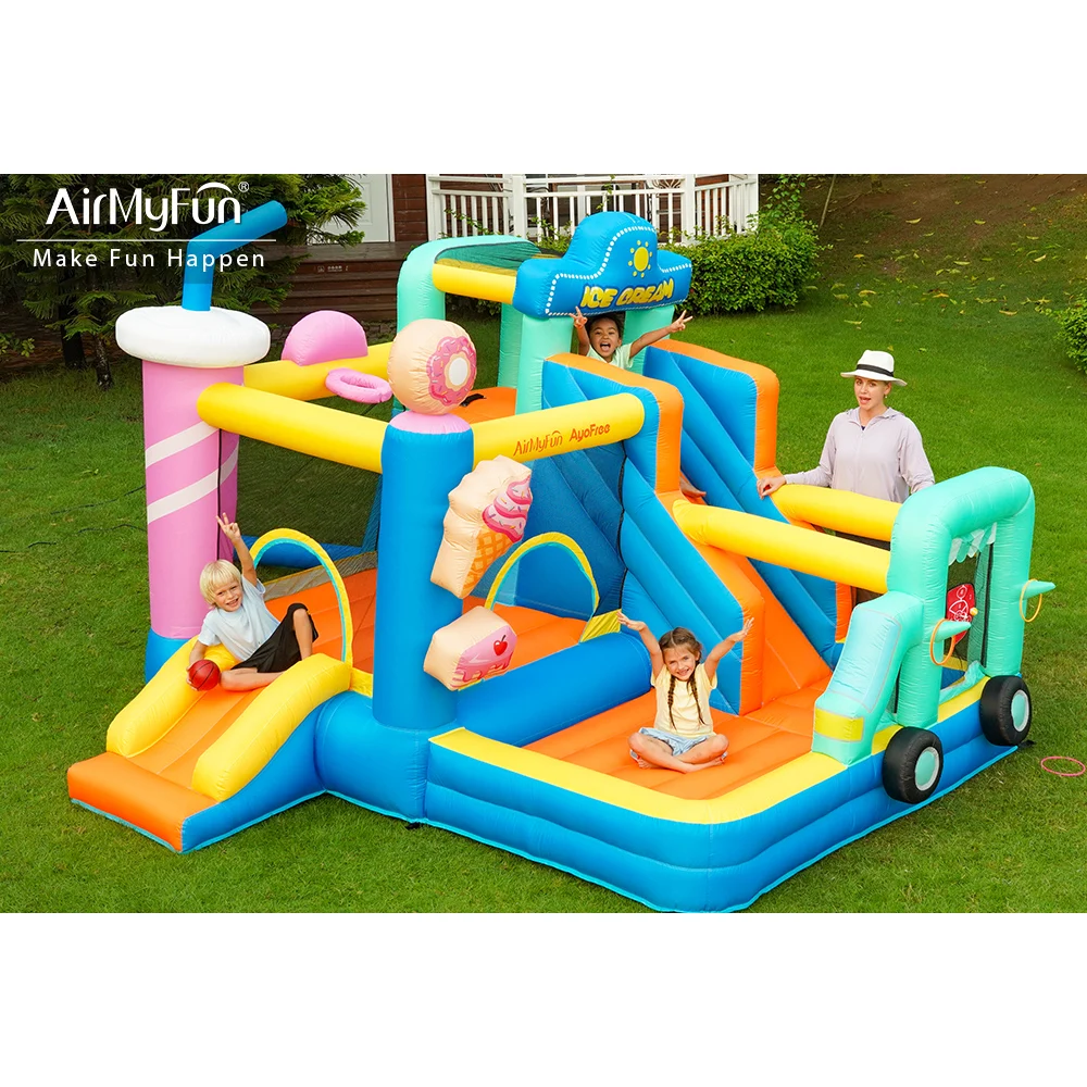Фото Airmyfun новый дизайн надувной замок прыгающий дом мороженое автомобильный комбинированный детский надувной отказов замок с горкой №1