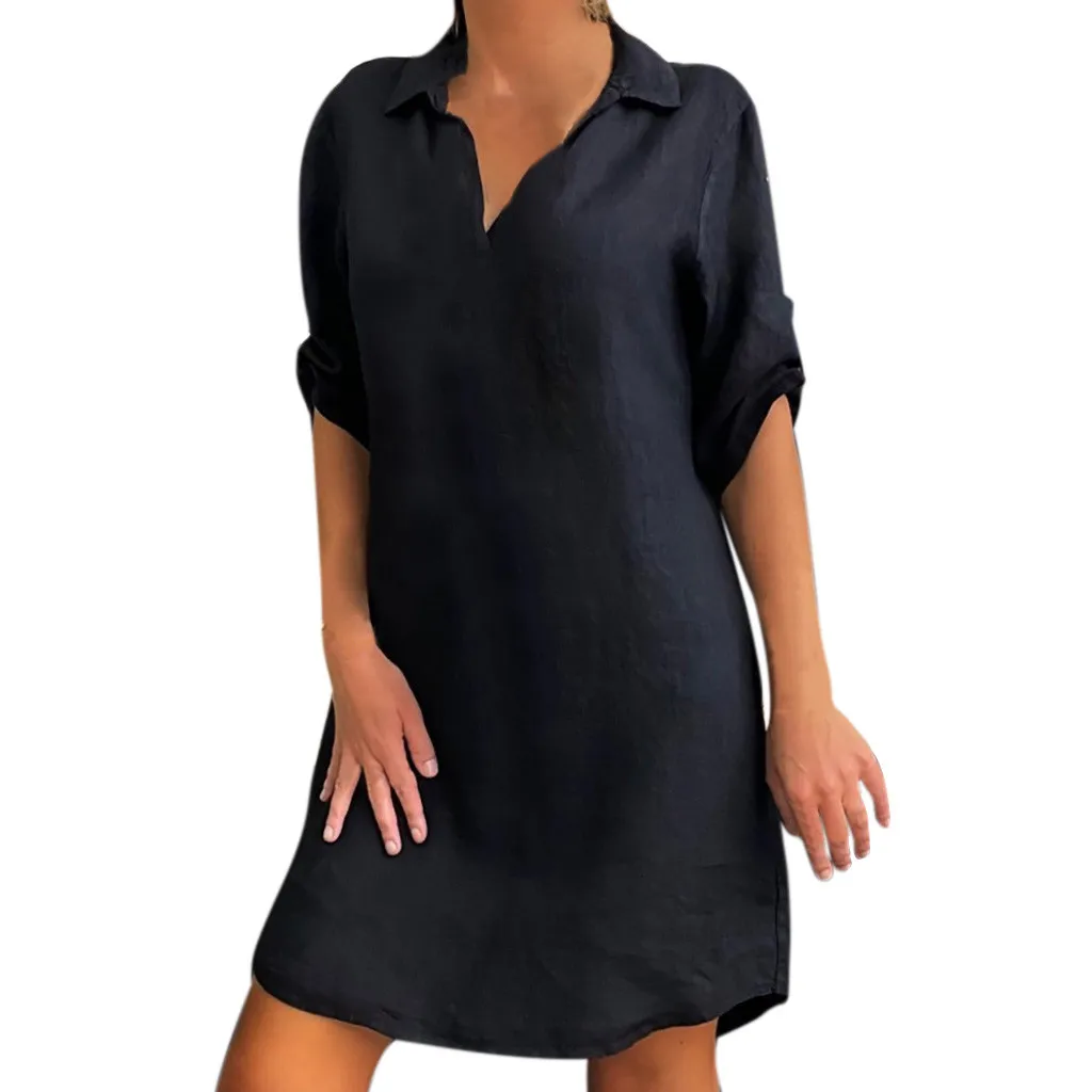 

Solid Cotton Collar Dress Shirt Turn Plus Linen Size Loose Down Women Fashion Plus plus size dresses for women 4xl 5xl 6xl maxi