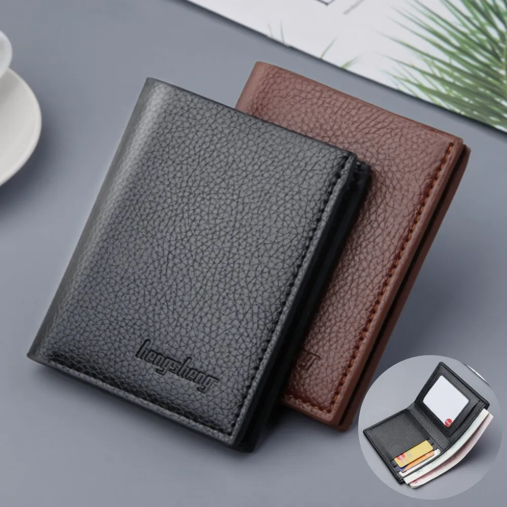 

New Short Wallet for Men's Multi-card Slots Card Holder PU Leather Lychee Pattern Fashion Business Simple Casual Coin Purses