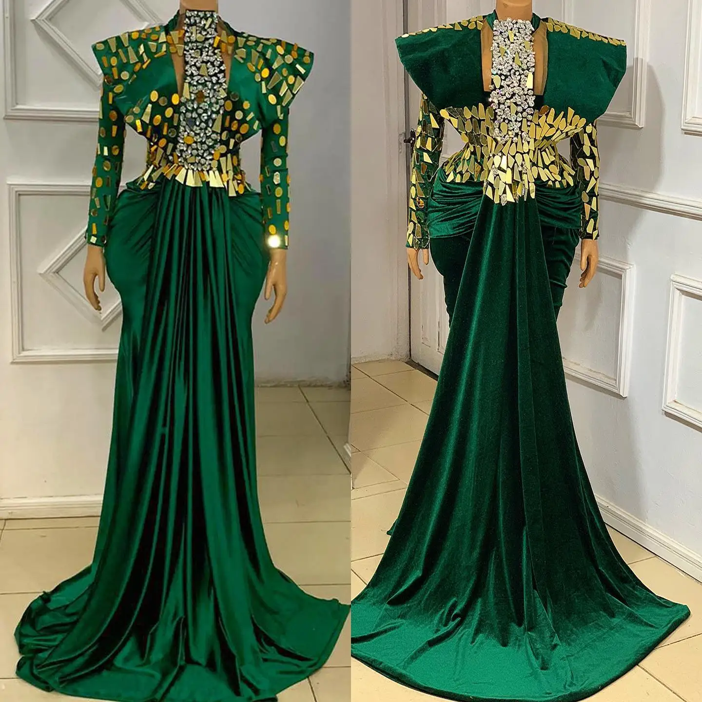 Emerald Green Mermai Prom Dresses High Neck Long Sleeve Velvet Mirror Crystal African Aso Ebi Evening Gown Vestidos de gala