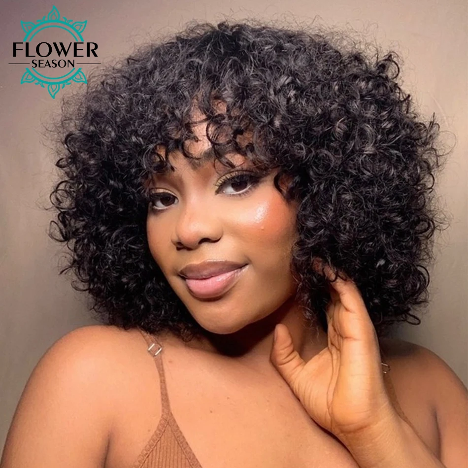 Brazilian Human Hair Wig Loose Curly Wigs with bangs O Scalp Top Full Machine Made Wig 180Density for Black Women FlowerSeason