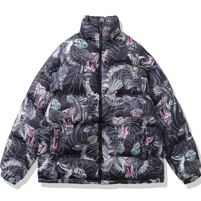 

Winter Tiger Stripes Puffer Parka Men Double-sided Printing Oversized Loose Padded Jacket Fashion Street Warm Coat Outerwear