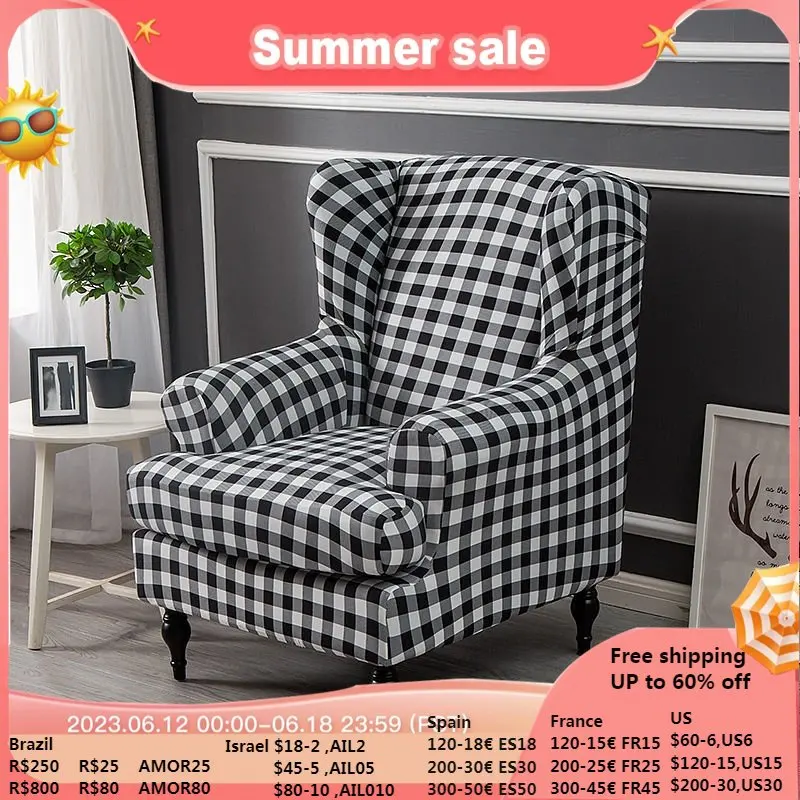 Plaid Dustproof Sloping Arm King Back Chair Cover Elastic Armchair Wingback Wing Sofa Back Dining Chair Cover Stretch Protector