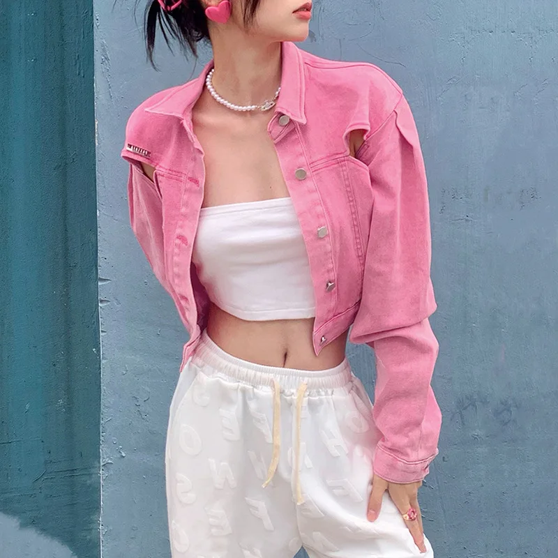 

Street Style Trend New 2021 Autumn Women's Solid Color Long-sleeved Lapel Cropped Fashion Cardigan Hollow Short Jacket Women