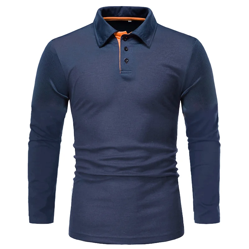 

New Men's Spring and Autumn Solid color Long-sleeved Lapel T-shirt Thin European Size Long-sleeved Polo Shirt