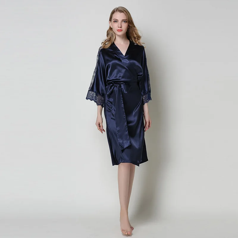 Women Luxury Silk Bathrobe Sleepwear Solid Color Satin Robe Pyjamas For Women Female Lace Trim Bridal Robe Nightgown