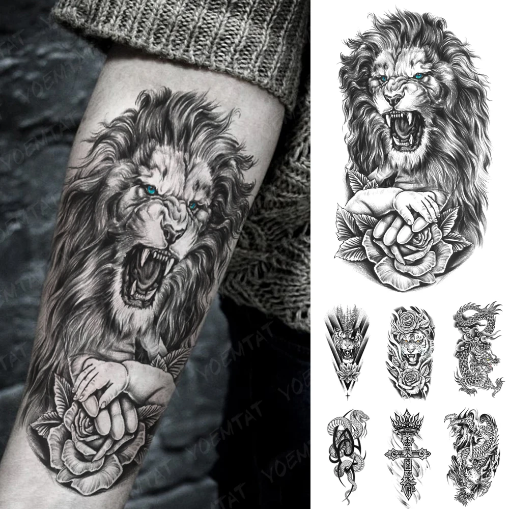 

Водостойкая временная татуировка, наклейка, черный Лев, волк, тигр, роза, детские руки, искусственный дракон, тату для женщин и мужчин