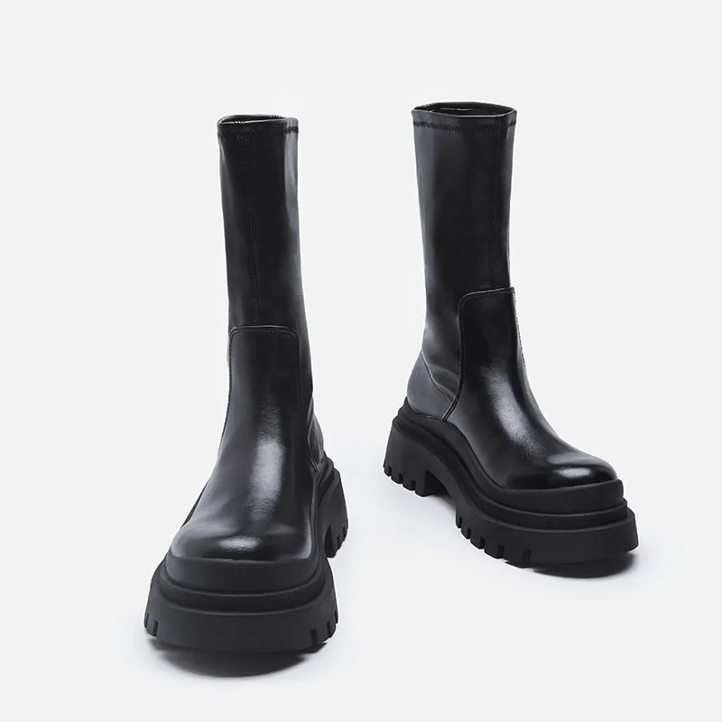 

Women Winter Leather Mid-Calf Stretch Boots Round Toe Thick Platform Shoes Fleece Lining Ladies Block Med Heels Moto Biker Boots