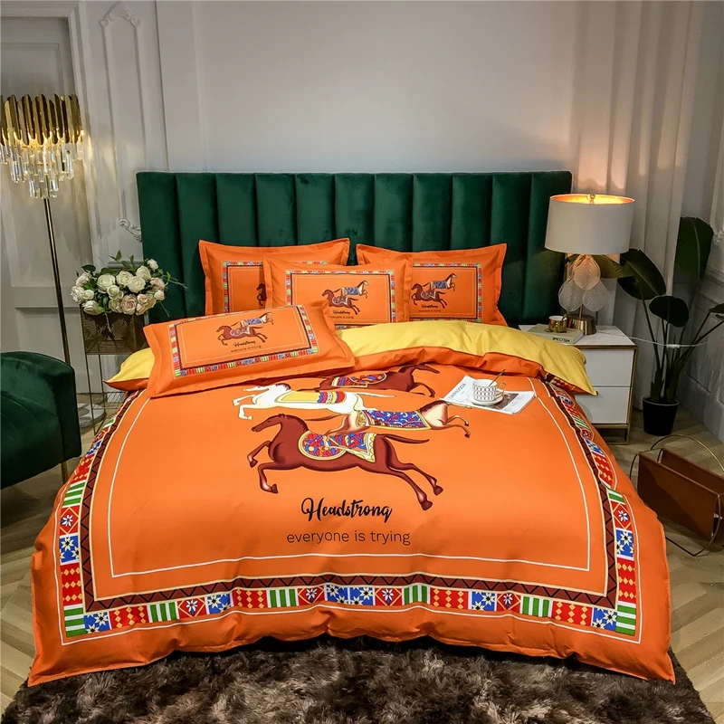 Luxury Egyptian Bedding Set Galloping Horse Printed Wedding Gift Sets Queen King Size Duvet Cover Flat Bed Sheeet | Дом и сад
