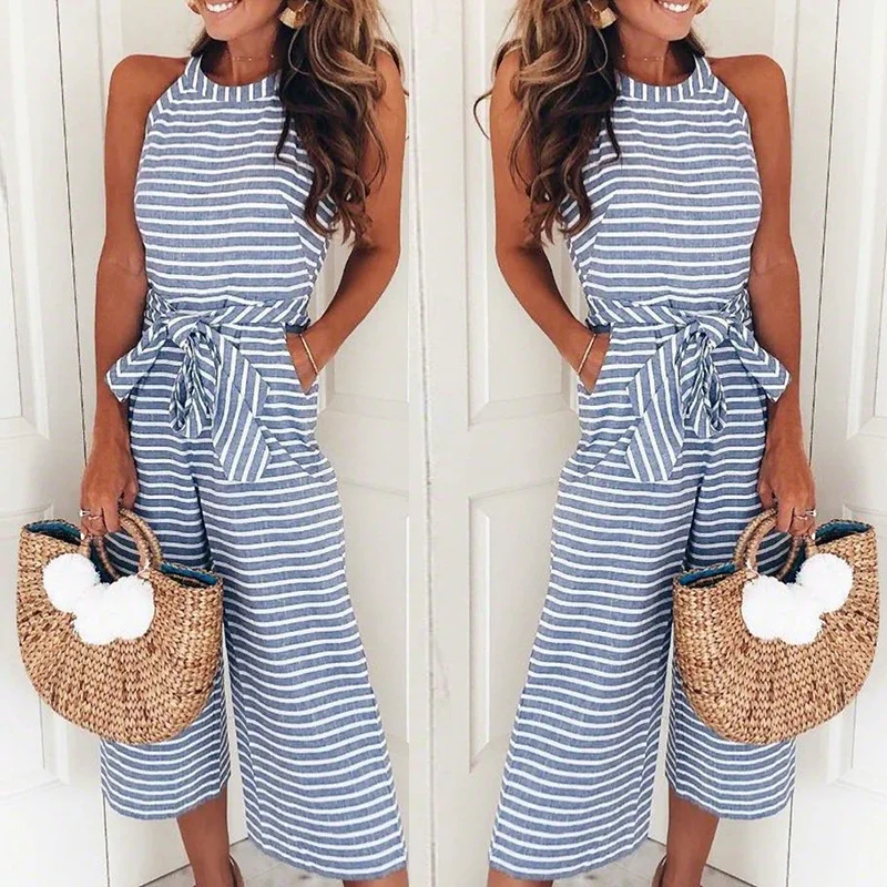 

Rompers Women Striped Printed Lace-up Pocket O-neck Sleeveless Long Wide Leg Pants Summer Black Pink Overalls Female 2021 indie
