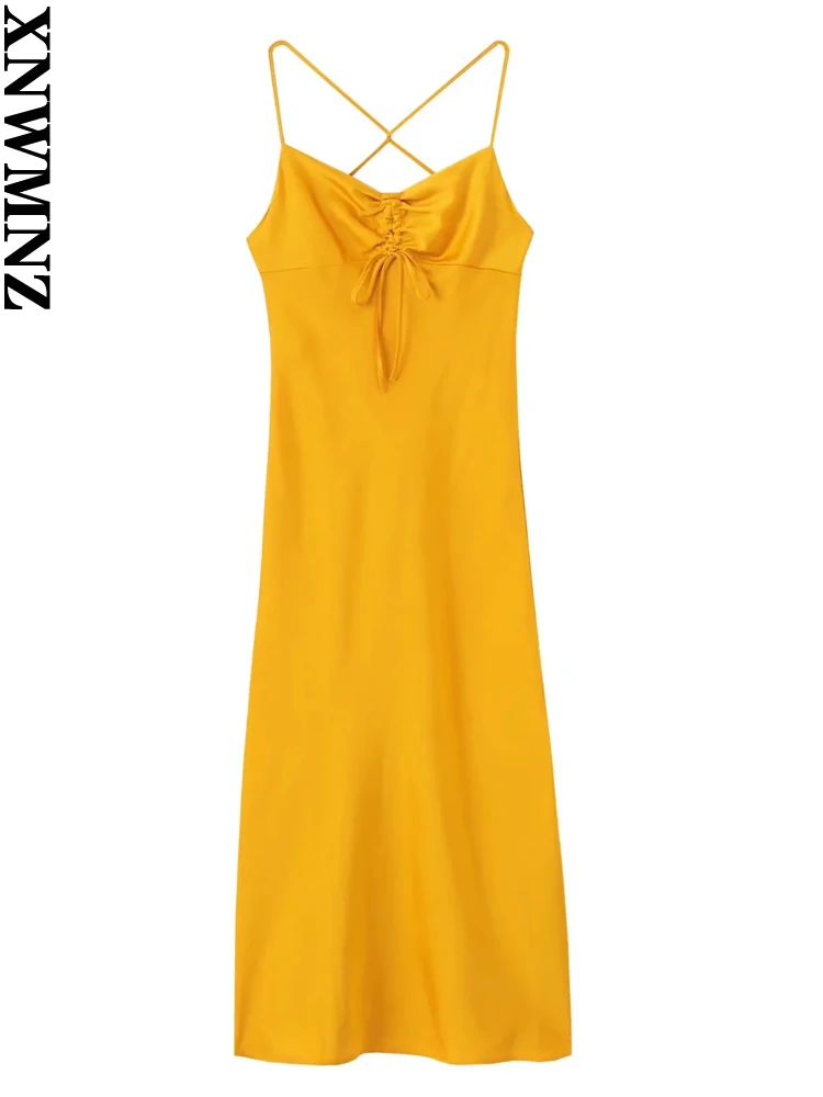

XNWMNZ women's fashion bow silk textured open-back satin suspender midi dress ladies elegant summer dresses women robe