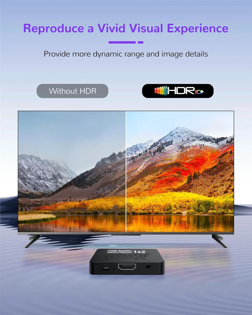 Фото Navceker 1x2 4K 240 Гц HDMI-сплиттер 8K 1 вход 2 выход HDMI 2.1 байпасный распределитель для двух экранов, ПК, проектора, ноутбука, PS5 №5