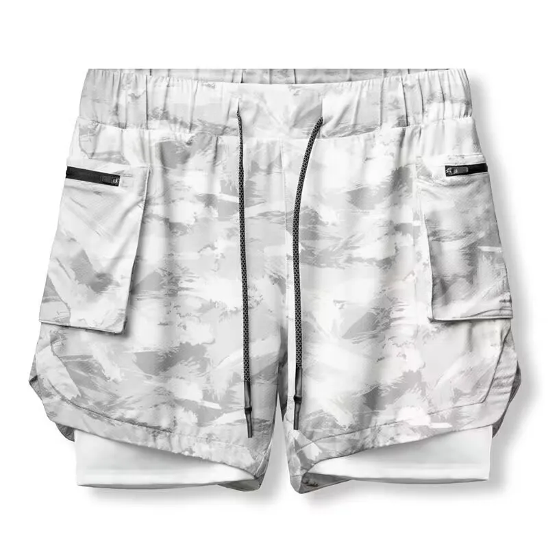 New double-layer sports shorts men's running training woven nickel pants trend camouflage basketball pants