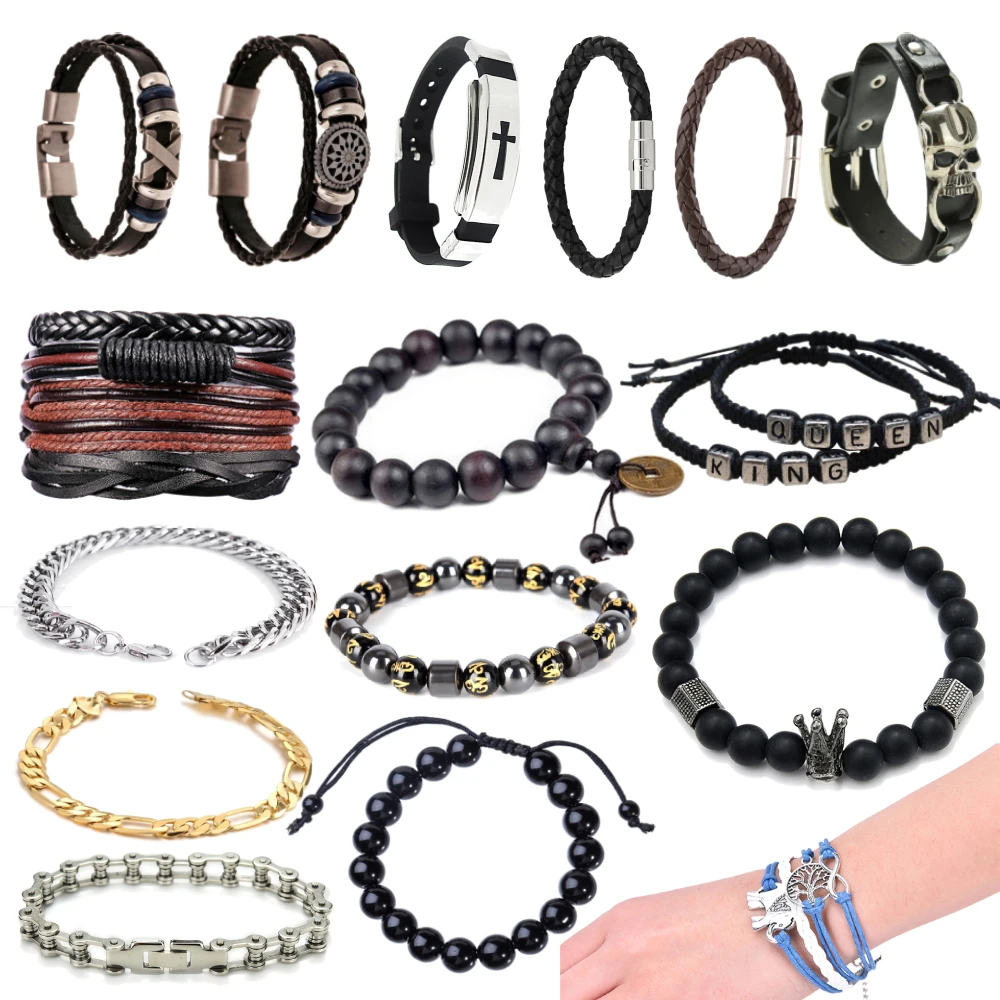 

Мужской браслет с подвесками в виде листьев/бусин, персональный металлический браслет с кожаной цепочкой, подарок мужчине/парню на День свя...