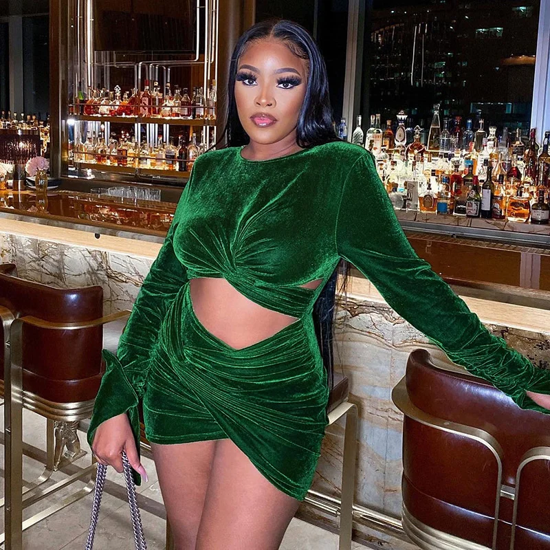 

Pleated Long Sleeve Green Teal Velvet Evening Party Wear Casual Waist Cut Out Ruched Bodycon Mini Dress Women