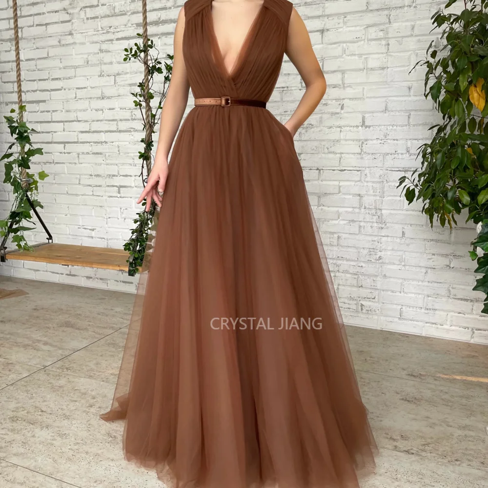 

Long Prom Dresses V Neck Tulle Natural Waist Sleeveless with Belt A Line Floor Length فساتين للحفلات الراقصة